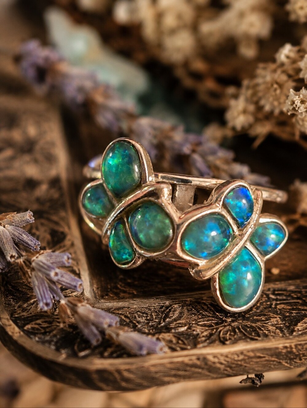 925 Sterling Silver Dancing Butterflies Ring – Blue Opal-Style Stones – Size 7.5